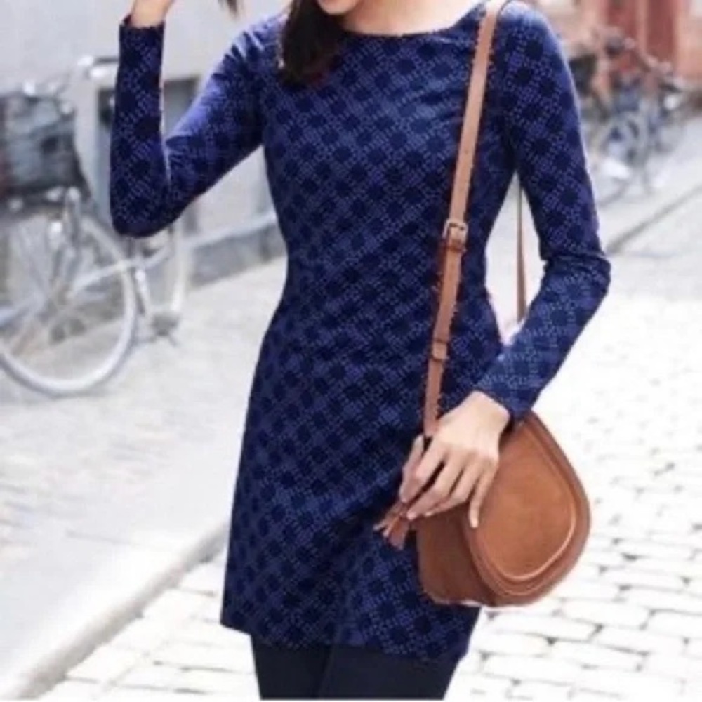 Boden Mia Polka Dot Jersey Day Dress Women’s US 4R Blue Long Sleeve Stretch